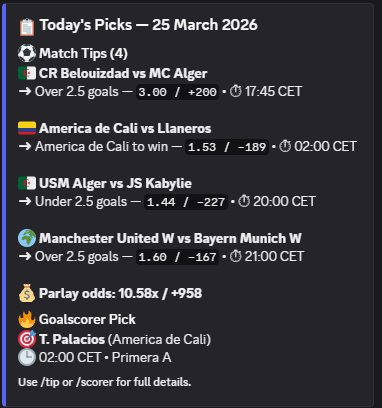BetBot /today command showing daily picks and goalscorer